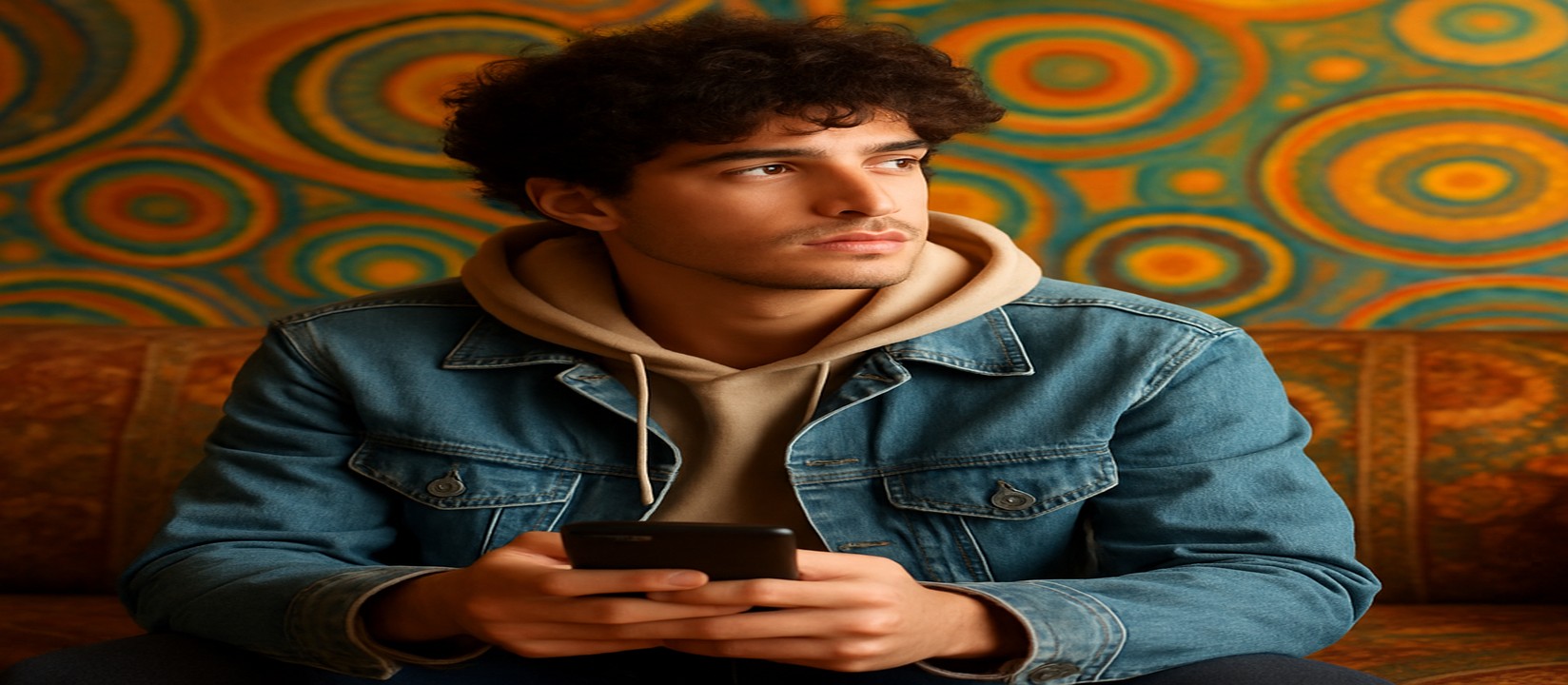 একজন ব্যক্তি সোফায় বসে স্মার্টফোনে 5999bat অ্যাপ ব্যবহার করছেন