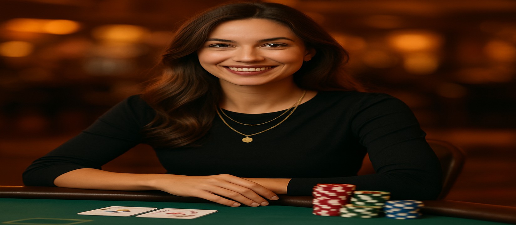 5999bat-এর গেমিং প্ল্যাটফর্মে একটি হাসিখুশি নারী কার্ড টেবিলের সামনে চিপস ও কার্ডগুলি রাখেন, এবং তিনি বিস্তৃত গেমের নির্বাচনের সুযোগ প্রদর্শন করেন।