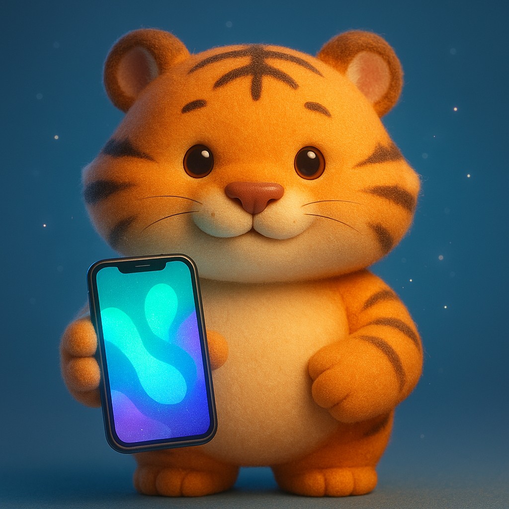 স্মার্টফোনে 5999bat অ্যাপ ব্যবহার করা একটি কার্টুন বাঘশাবক