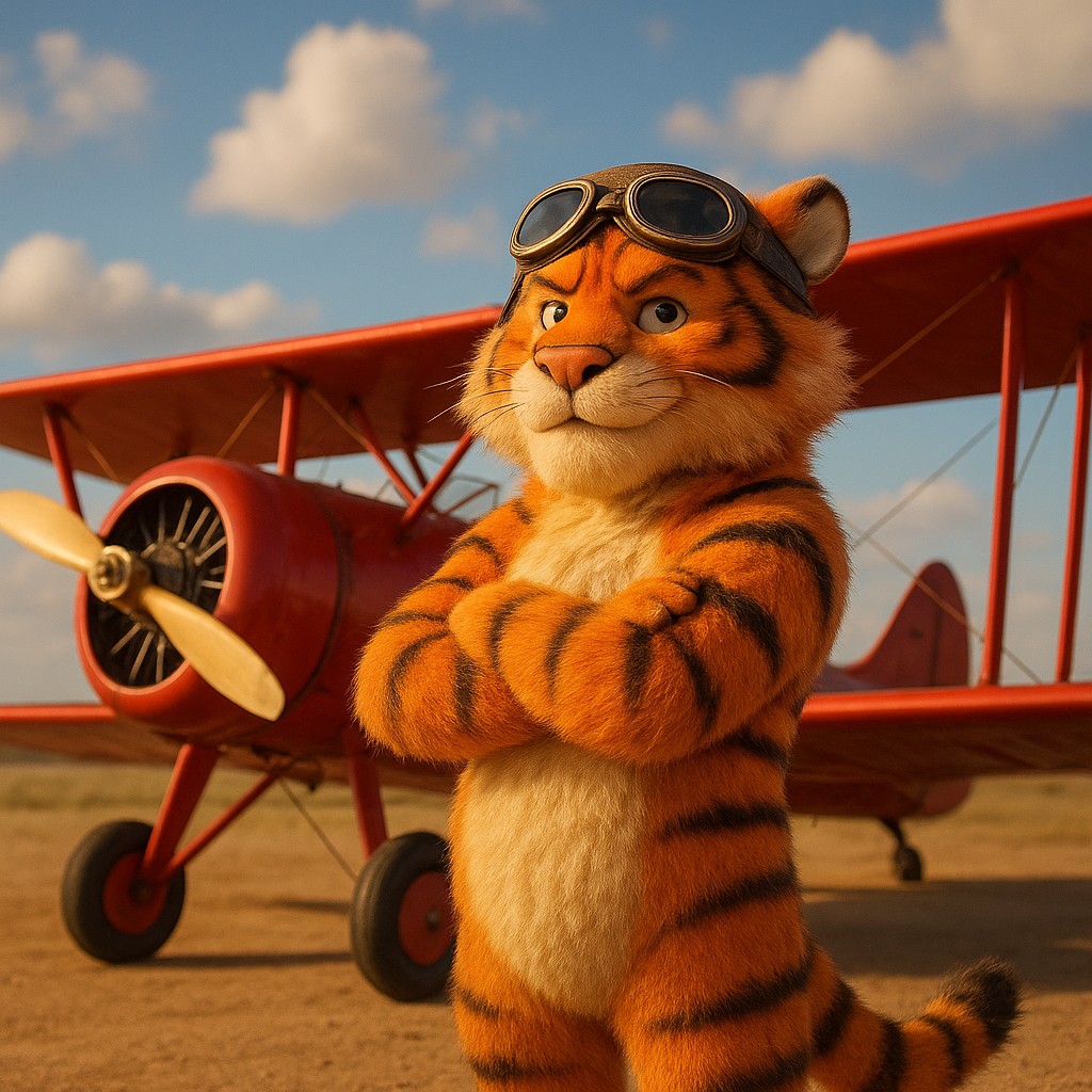 এভিয়েটর গেমটির প্রতীকের হিসেবে লাল রঙের বিমানের পাশে দাঁড়িয়ে থাকা টাইগার পাইলট