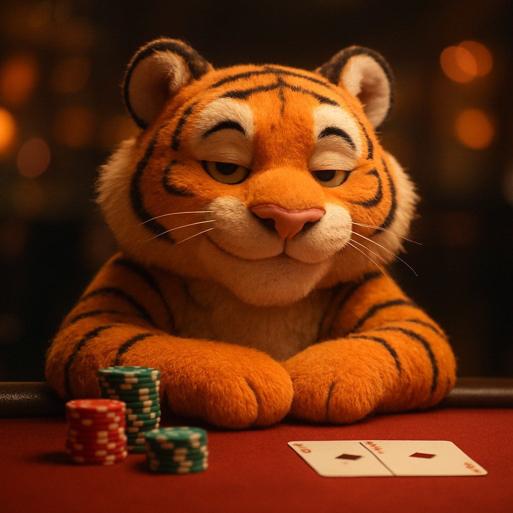 5999bat গেমিং প্ল্যাটফর্মে টেবিলের পাশে গেম টোকেন হাতে বসা এক হাসিখুশি টাইগার শাবক