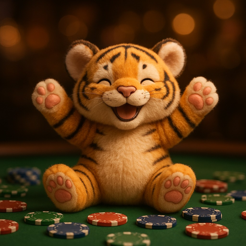 একটি ছোট বাঘশাবক একটি টেবিলের ওপর গেমিং চিপস নিয়ে শান্তভাবে বসে আছে।