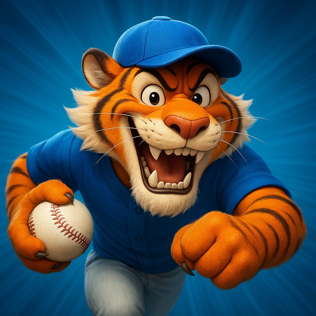 5999bat ক্রিকেট গেমিংয়ের প্রতীক হিসেবে ইউনিফর্ম পরা একটি উল্লাসিত টাইগার শাবক, হাতে বল ধারণ করে দাঁড়িয়ে আছে।