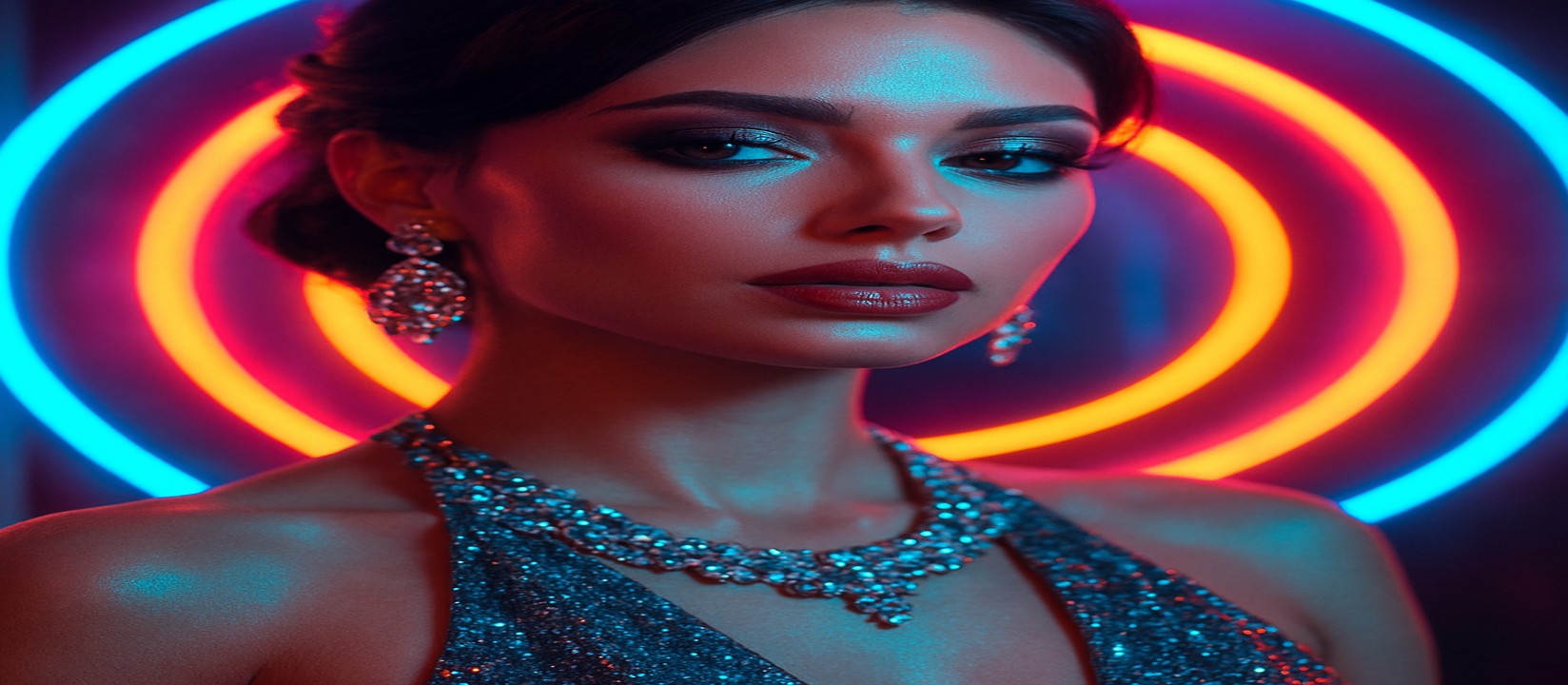 চাকার সামনে দাঁড়িয়ে থাকা একটি রঙিন গেমিং প্ল্যাটফর্মে উজ্জ্বল পোশাকে