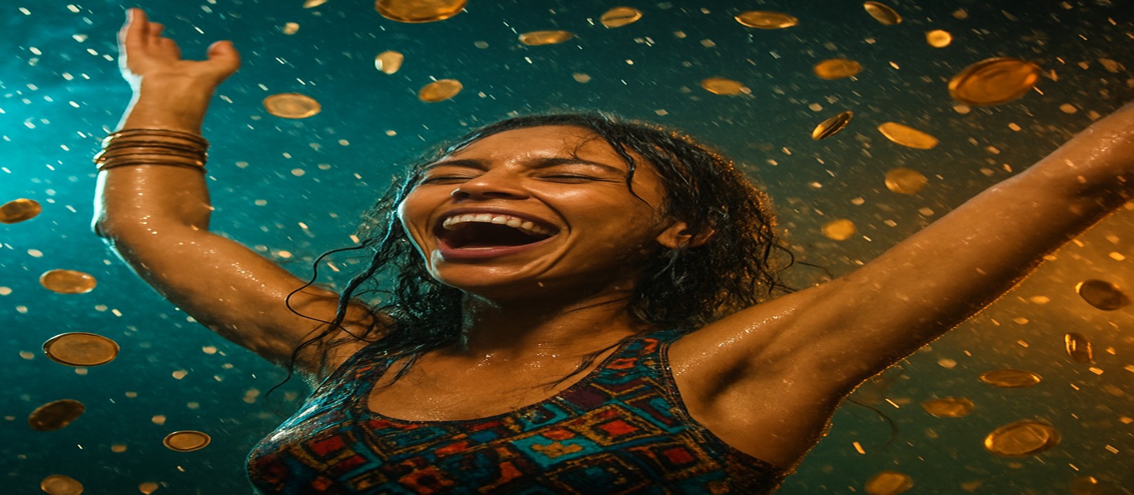 মুদ্রার ঝরনার মাঝে রঙিন পোশাকে এক নারী